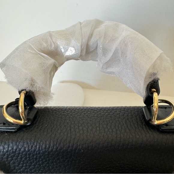 Black Teddy Shearling Fur Trimmed 22 Belted Leather Bag Top Handle Satchel B1 - Picture 13 of 16